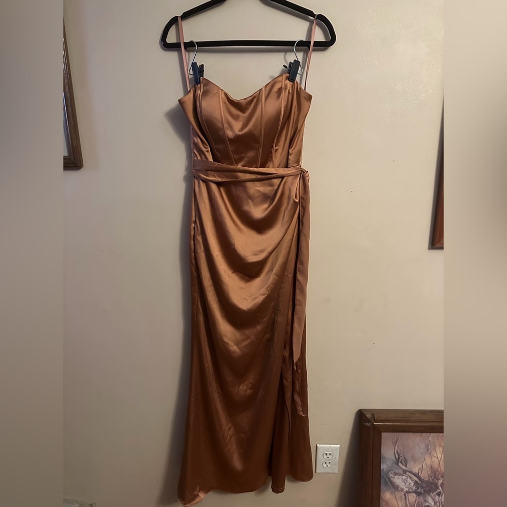 Revelry Strapless Satin Dress in Copper